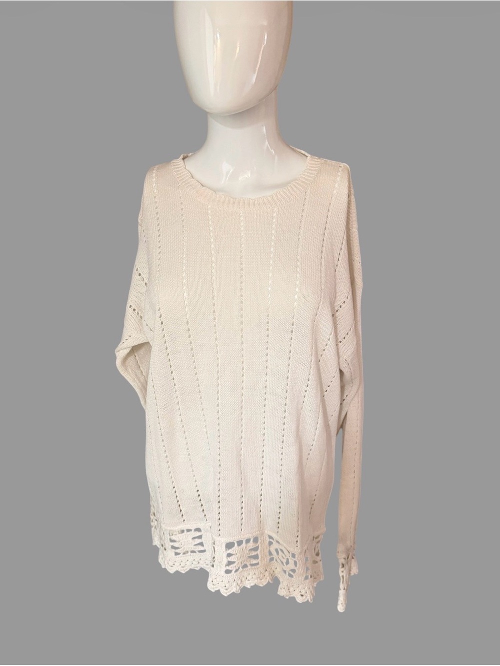 Scoop Neck Cream Knit Sweater with Crochet Hem